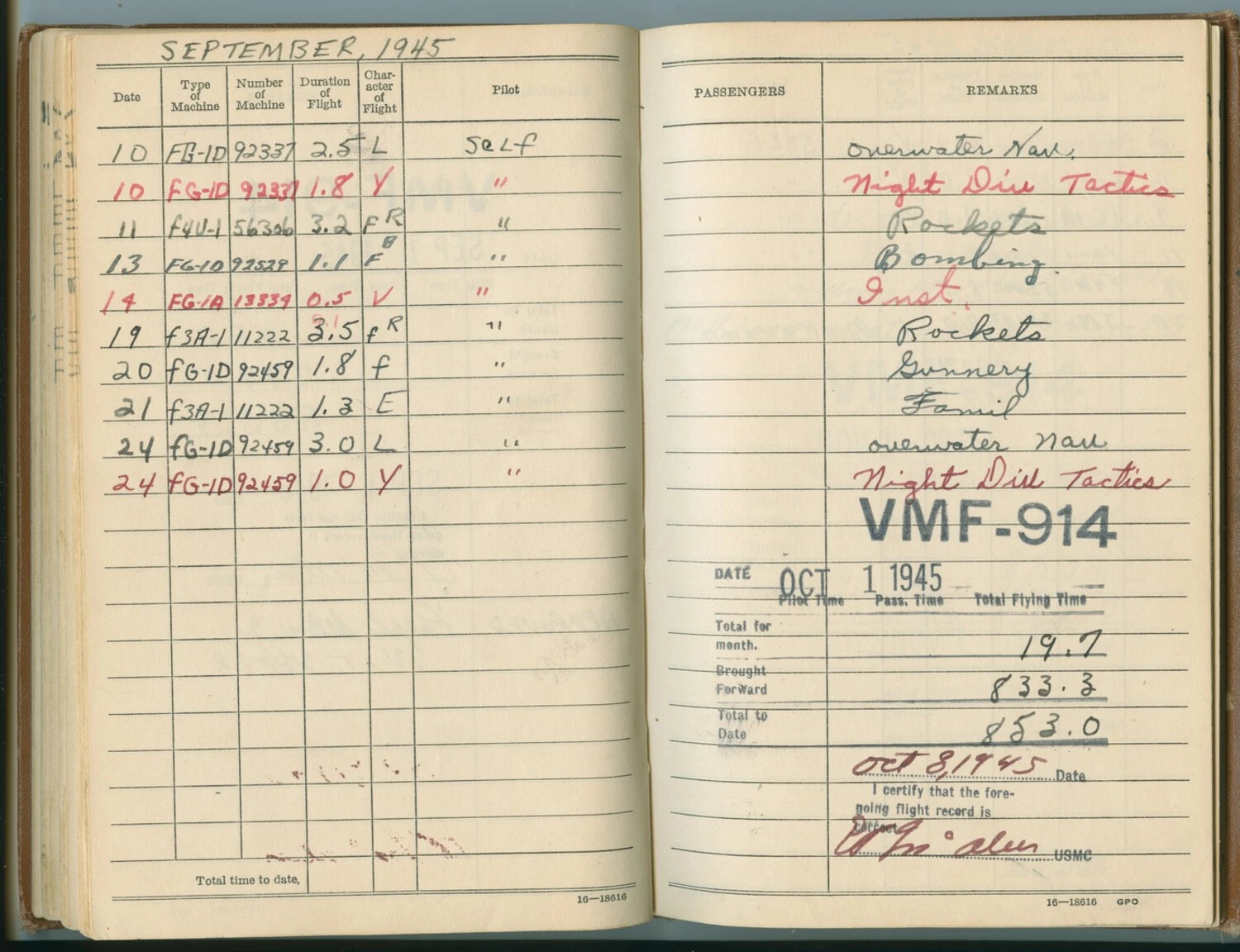 USMC Pilot Flight Logbook Pages, VMF-914, September 1945 - Corsair Fighter Training Flights