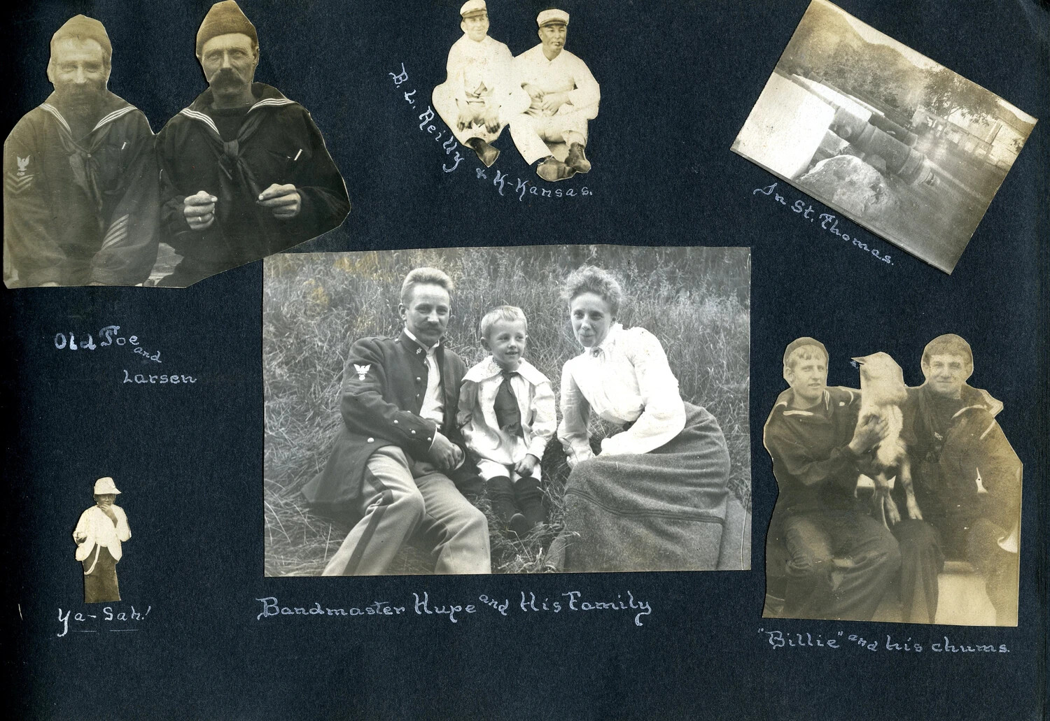 Scrapbook Page of Shipmates, Mascots and Ports of Call, USS Columbia Album, c. 1904-1905