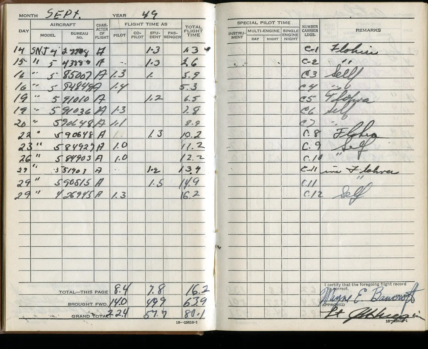 U.S. Navy Pilot Flight Logbook, September 1949 - Wayne E. Bancroft, SNJ Carrier Qualification Training