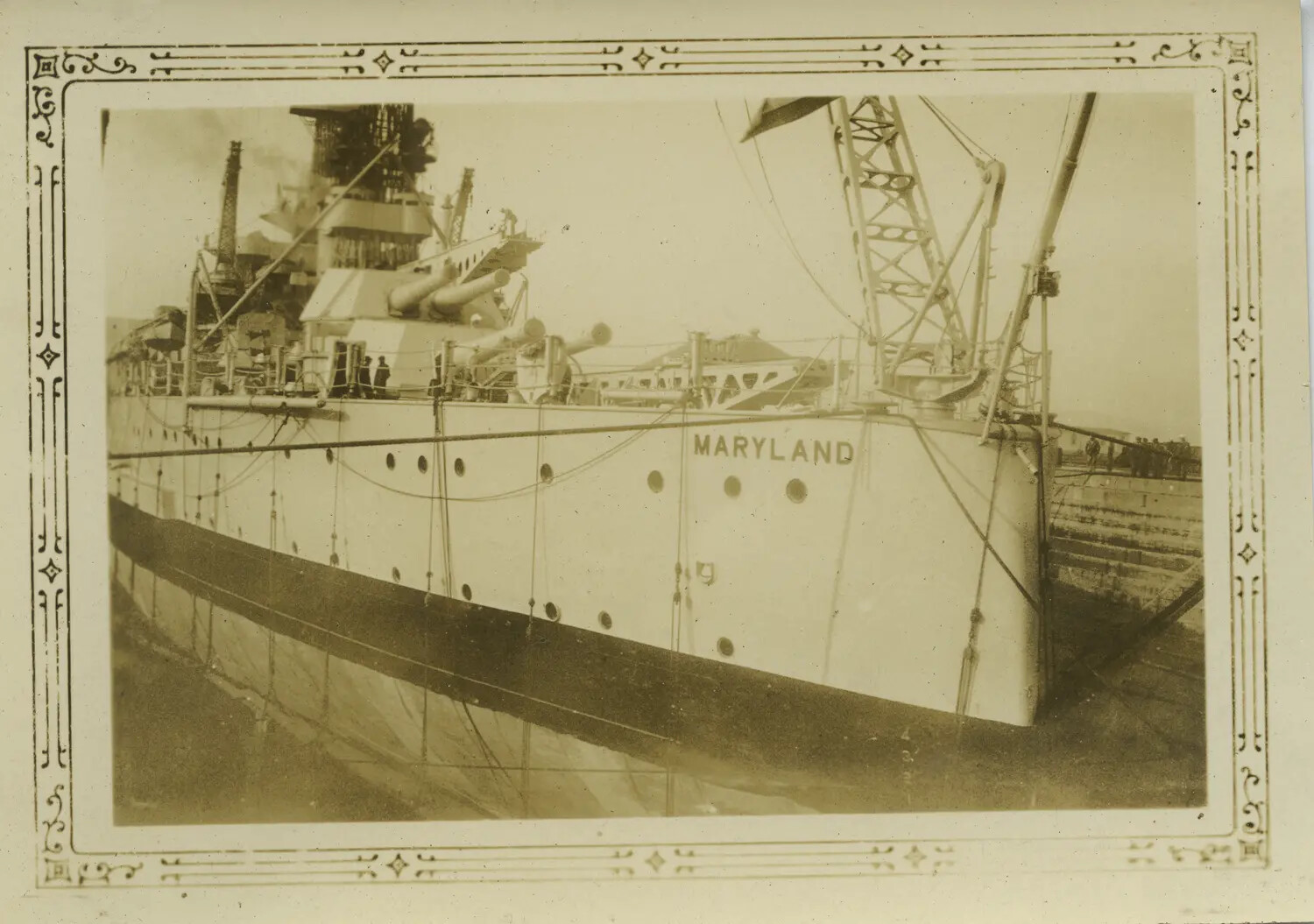 USS Maryland (BB-46) in Dry Dock, Bow View, 1930s Photo Album