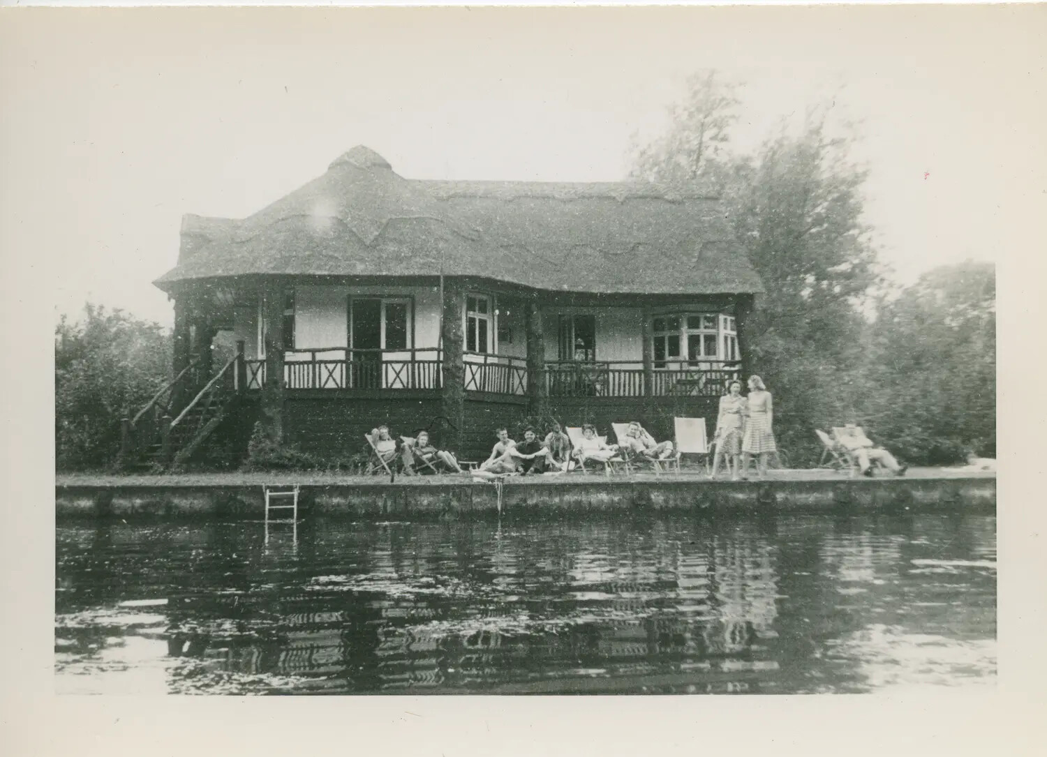 Airmen and Companions at Leisure by a Thatched Norfolk Broads Cottage - 579th Bomb Squadron Personal Album, WWII England