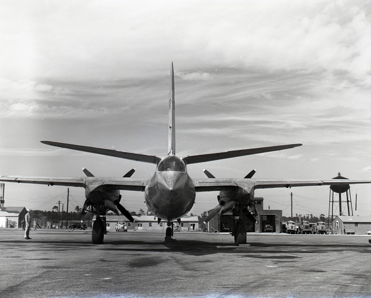 Head-On View of a Douglas A-26 Invader Twin-Engine Bomber on Airfield Ramp, World War II Era