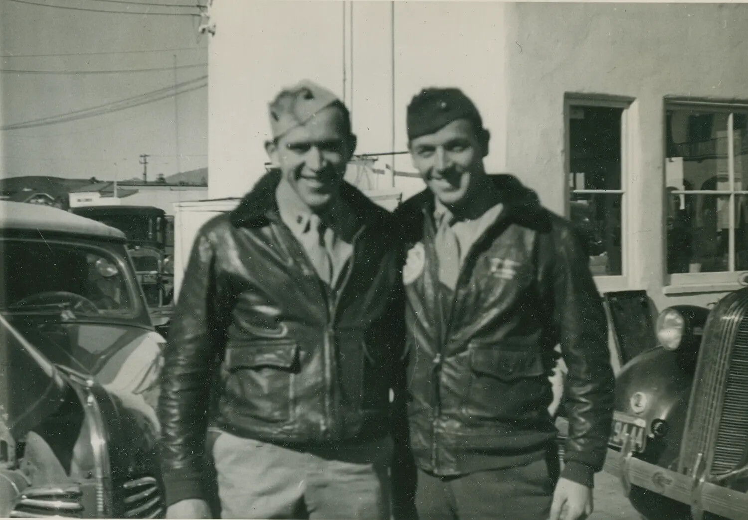 Two U.S. Army Air Forces Airmen in Leather Flight Jackets, WWII Training Base Portrait
