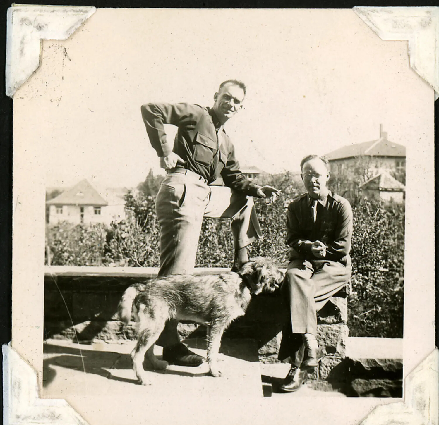 Two Servicemen with a Dog on a Garden Wall, European Occupation Zone, WWII/Post-War Era