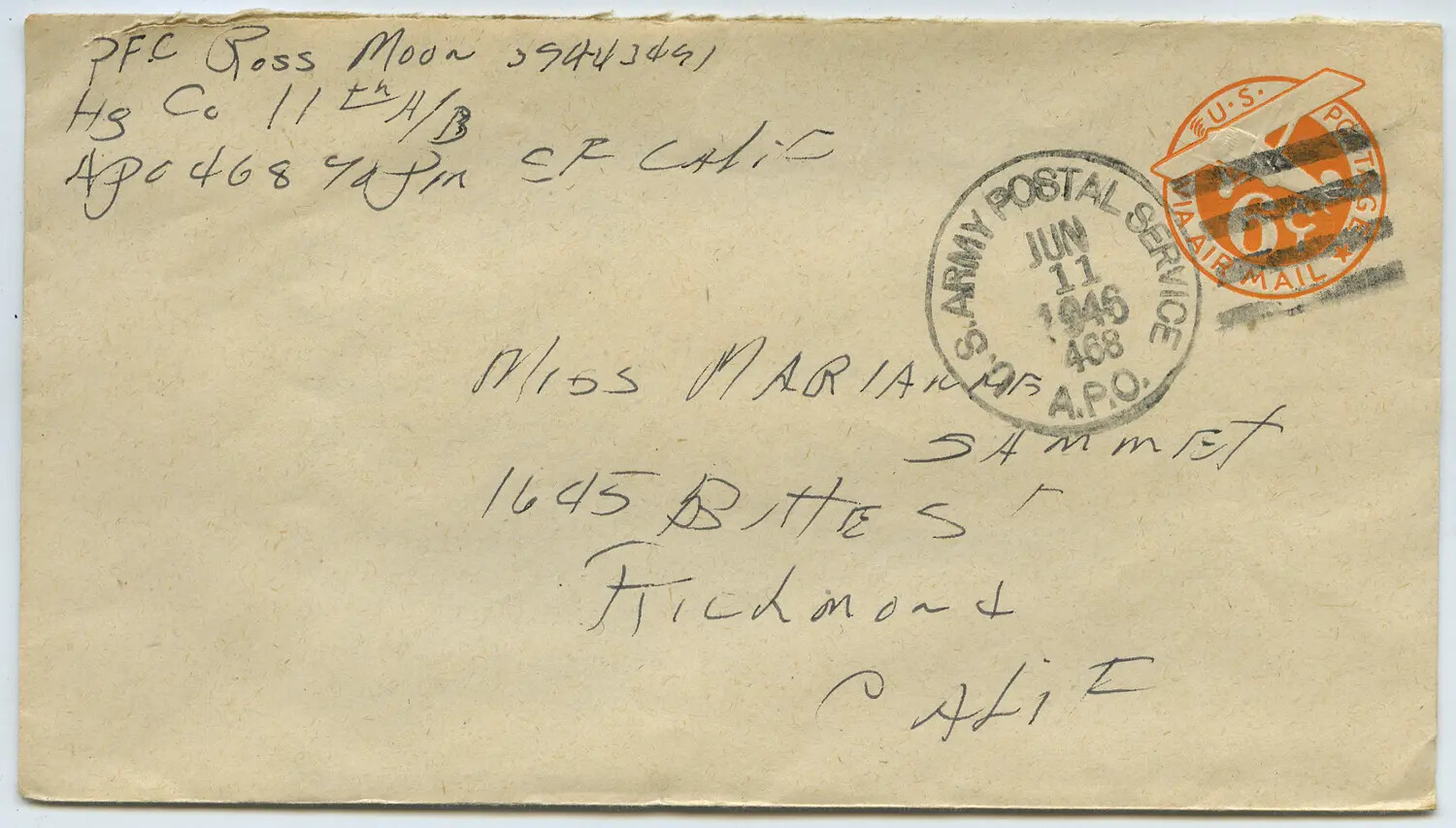 Envelope from PFC Ross Moon to Miss Mariah Sammet, Postmarked June 11, 1946, APO 468