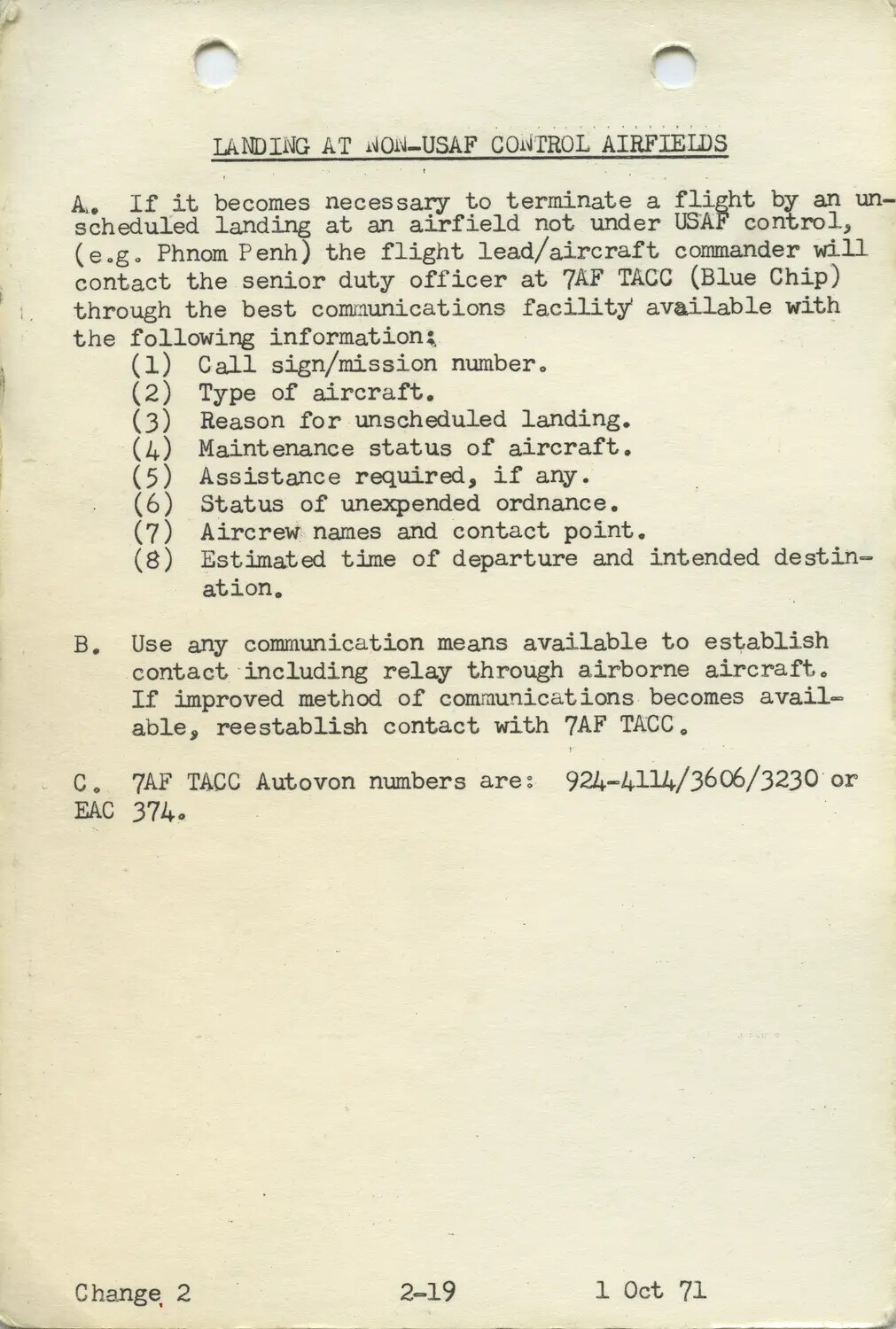 USAF Landing at Non-USAF Control Airfields Reference Page, Change 2, dated 1 Oct 71