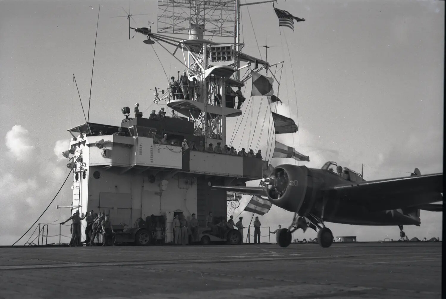 Flight Deck Operations Beside the Island Superstructure, USS Petrof Bay (CVE-80), WWII