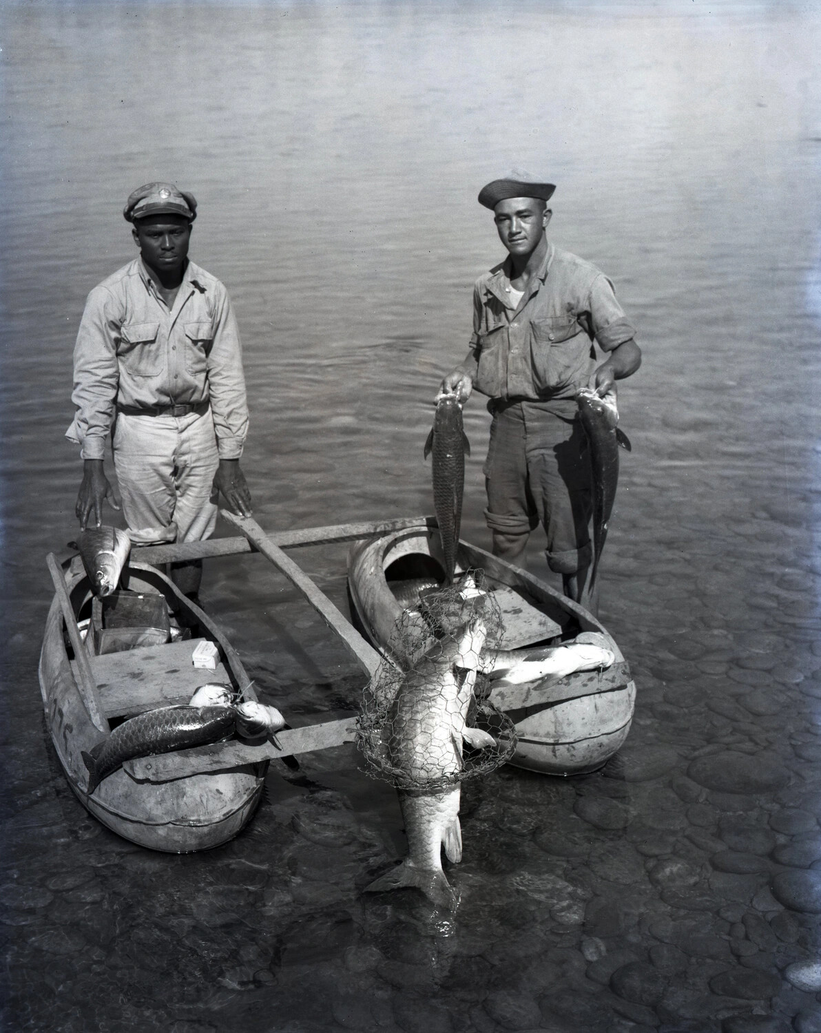 Servicemen with Fish Catch and Improvised Pontoon Raft, China-Burma-India Theater, WWII