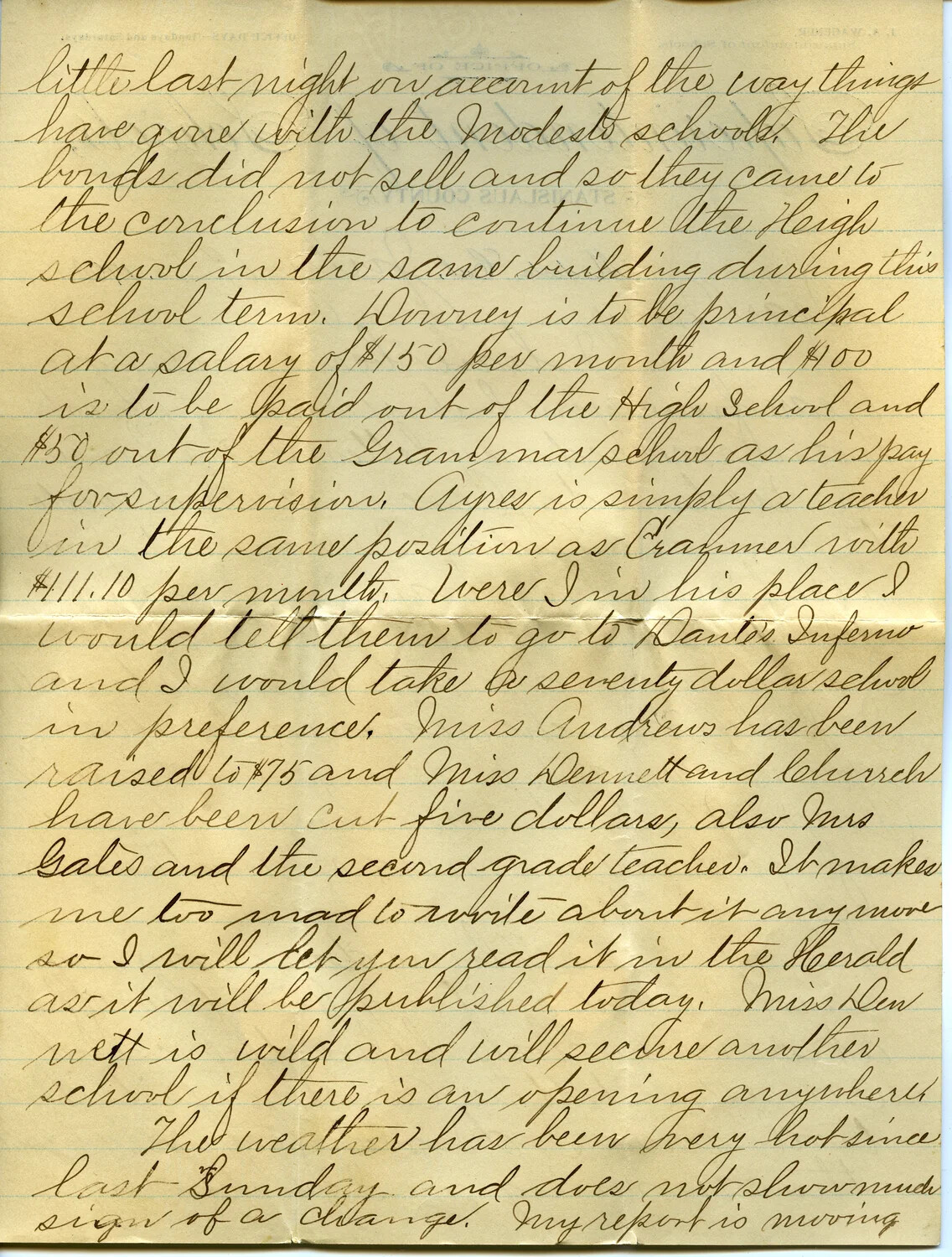 Handwritten Letter from J.A. Wagener, July 19, 1900 - Modesto School District Business