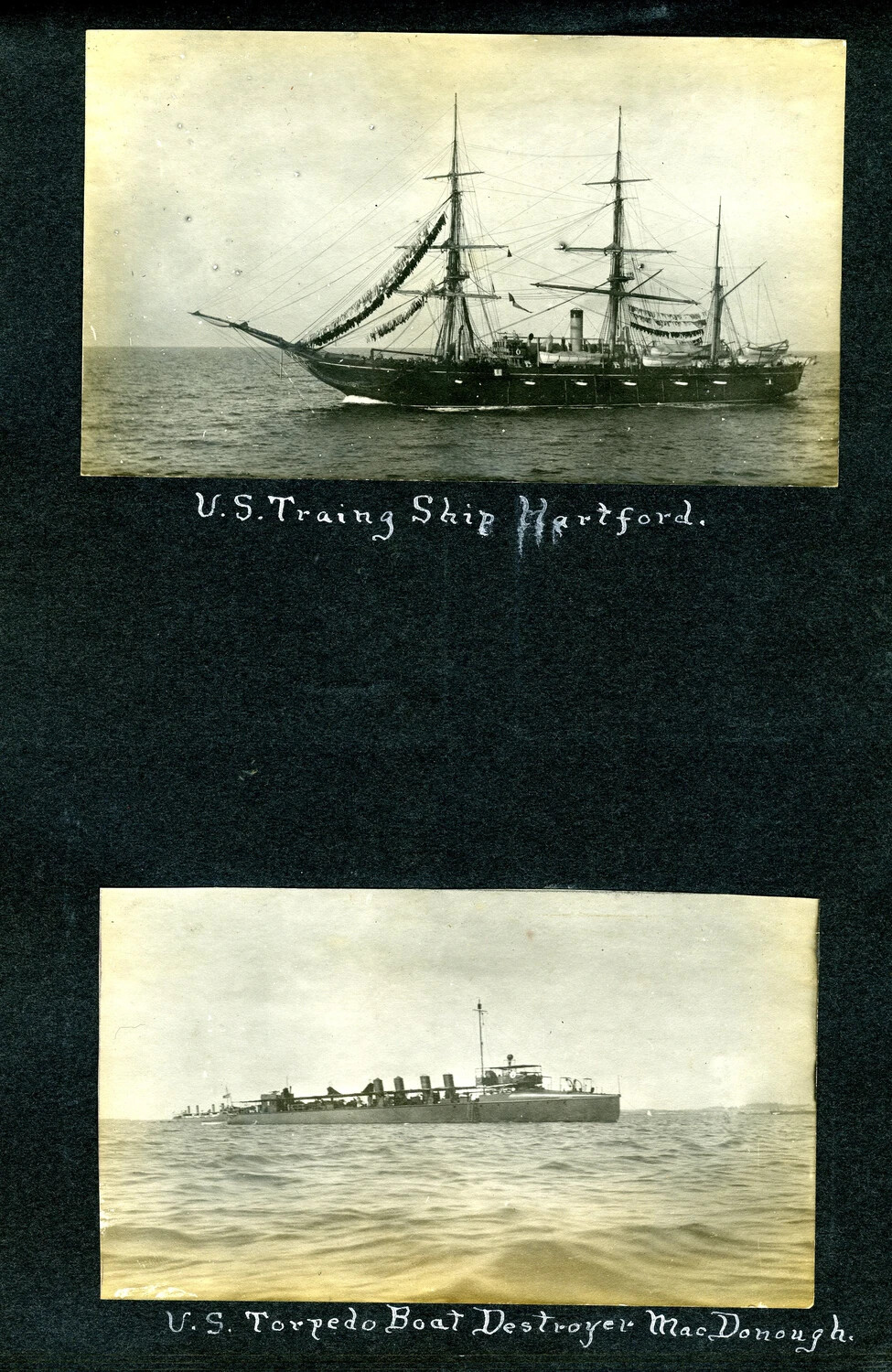Album Page: USS Hartford (Training Ship) and USS MacDonough (Torpedo Boat Destroyer), c. 1900-1907