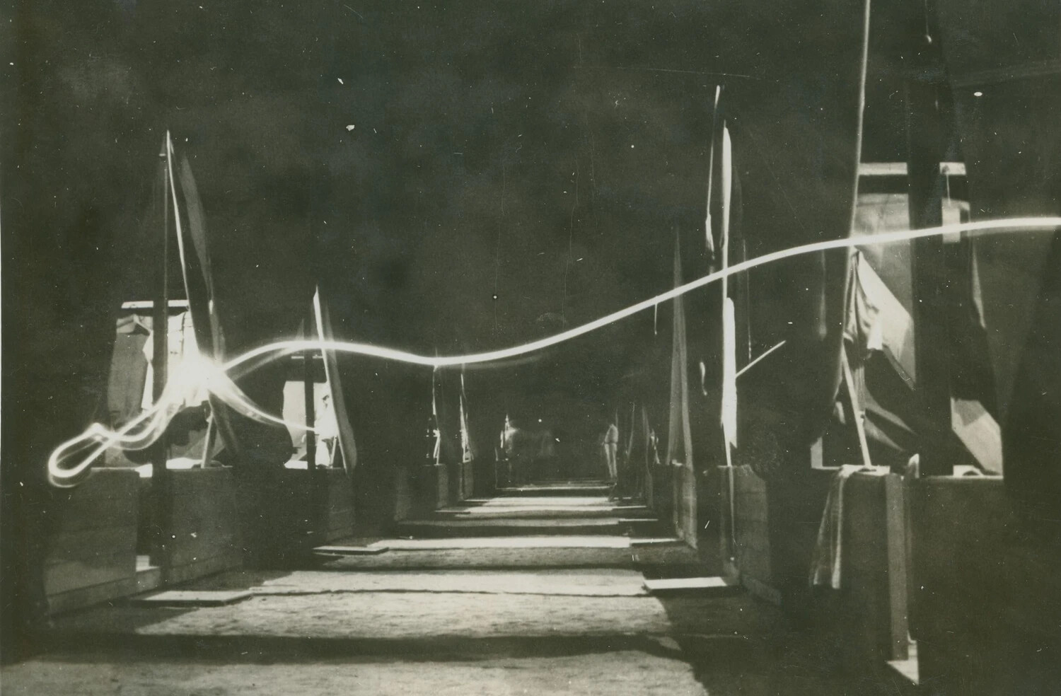 Night Long-Exposure Photograph of Flag-Lined Walkway with Light Trail - McAleer Collection