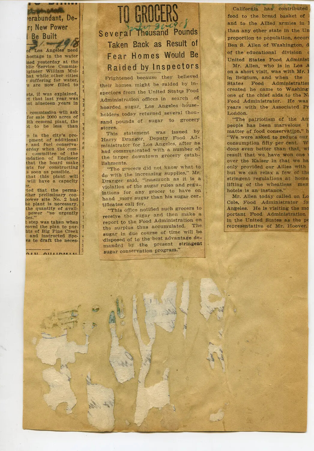 WWI-Era Scrapbook Page with Newspaper Clipping, "To Grocers: Several Thousand Pounds Taken Back as Result of Fear Homes Would Be Raided by Inspectors," Los Angeles, 1918
