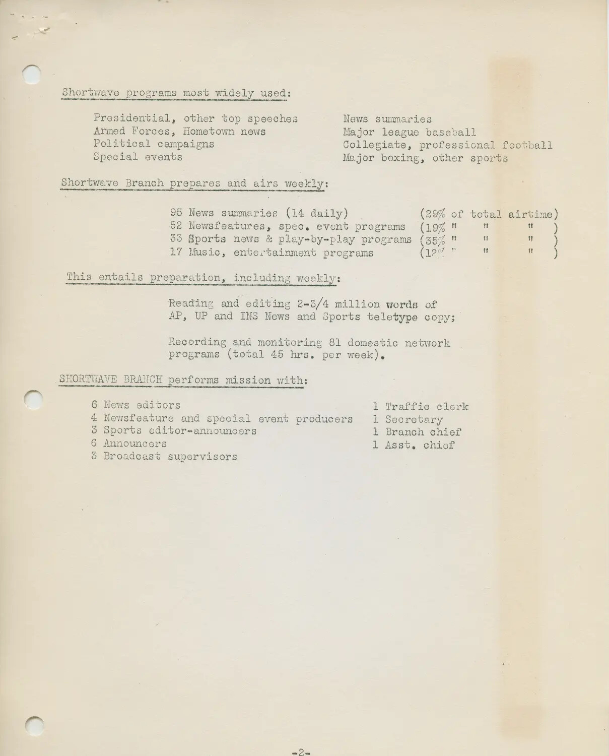 Typewritten Report Page: Armed Forces Radio and Television Service, Shortwave Branch Operations Summary (Page 2)