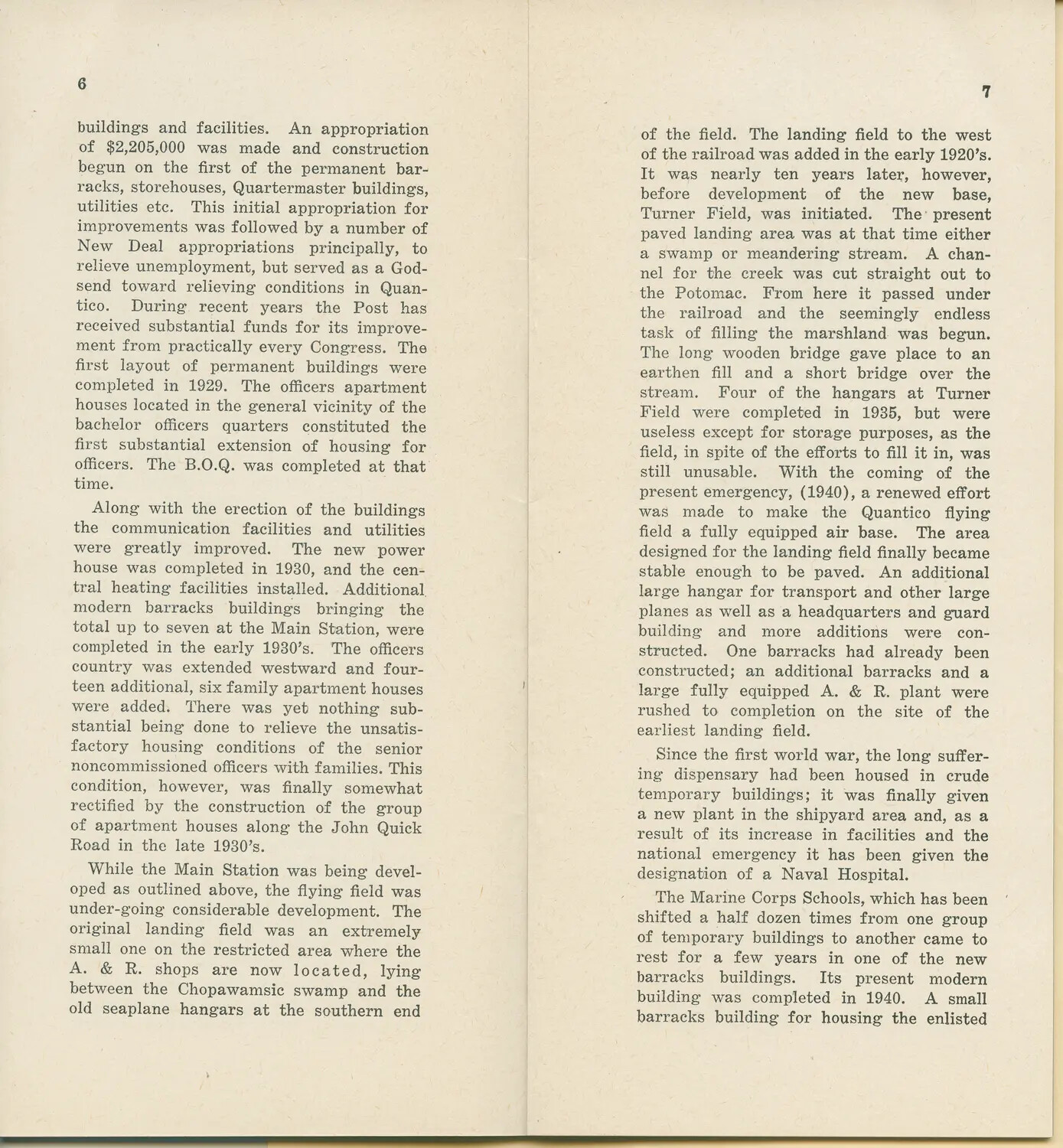 Printed History of Marine Corps Base Quantico Construction and Turner Field Development, Pages 6-7 (McAleer Album)