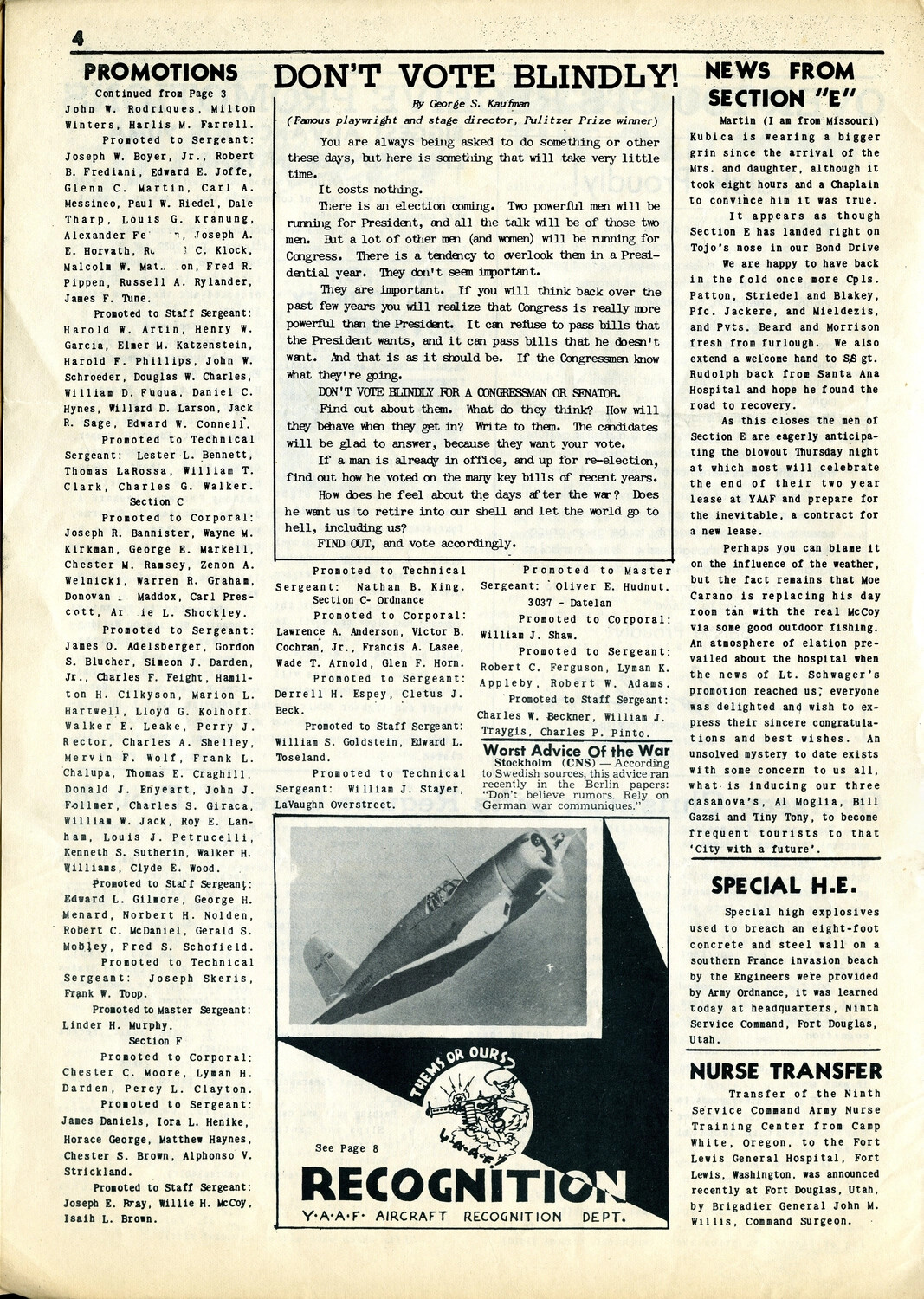 The Actioneer, Yuma Army Air Field Newspaper, Page 4 - Promotions, Editorial, and Aircraft Recognition Feature, 1944