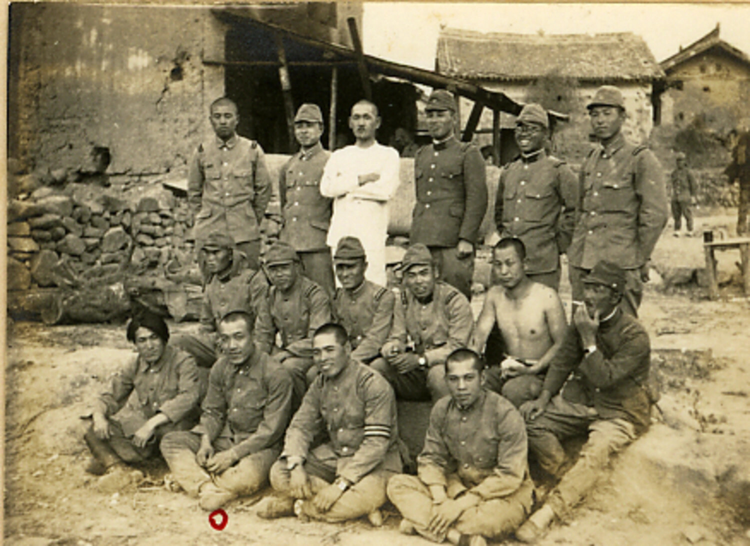 Group Portrait of Japanese Army Soldiers at a Forward Position in China, Later Annotated as a Memorial Photograph, WWII Era