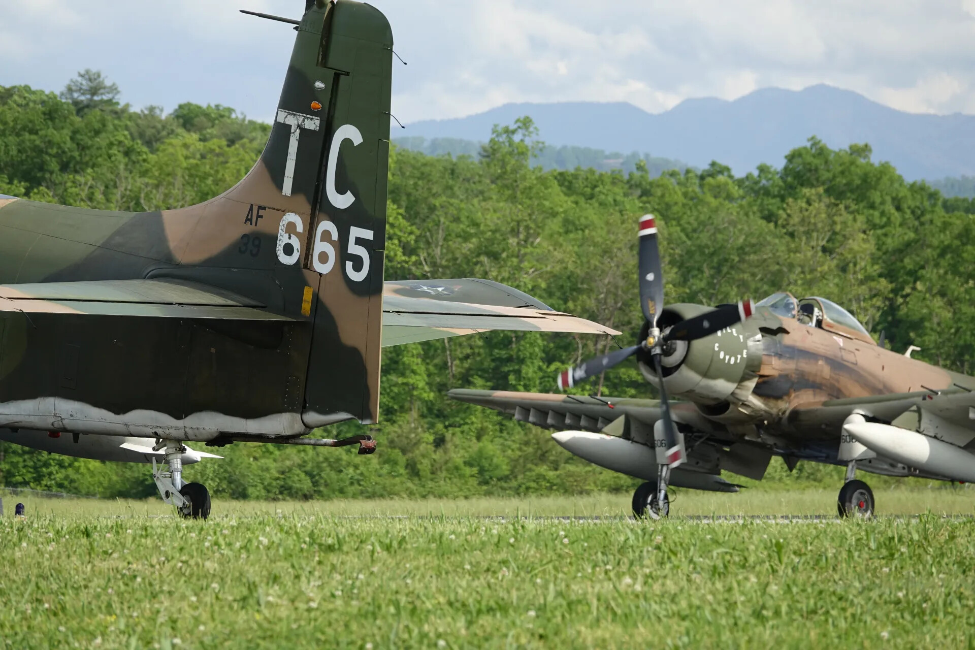 Douglas A-1 Skyraiders 'TC 665' and 'Wiley Coyote' Taxiing at Warbird Event, 3-4 May 2019 (Sequence Frame 2)