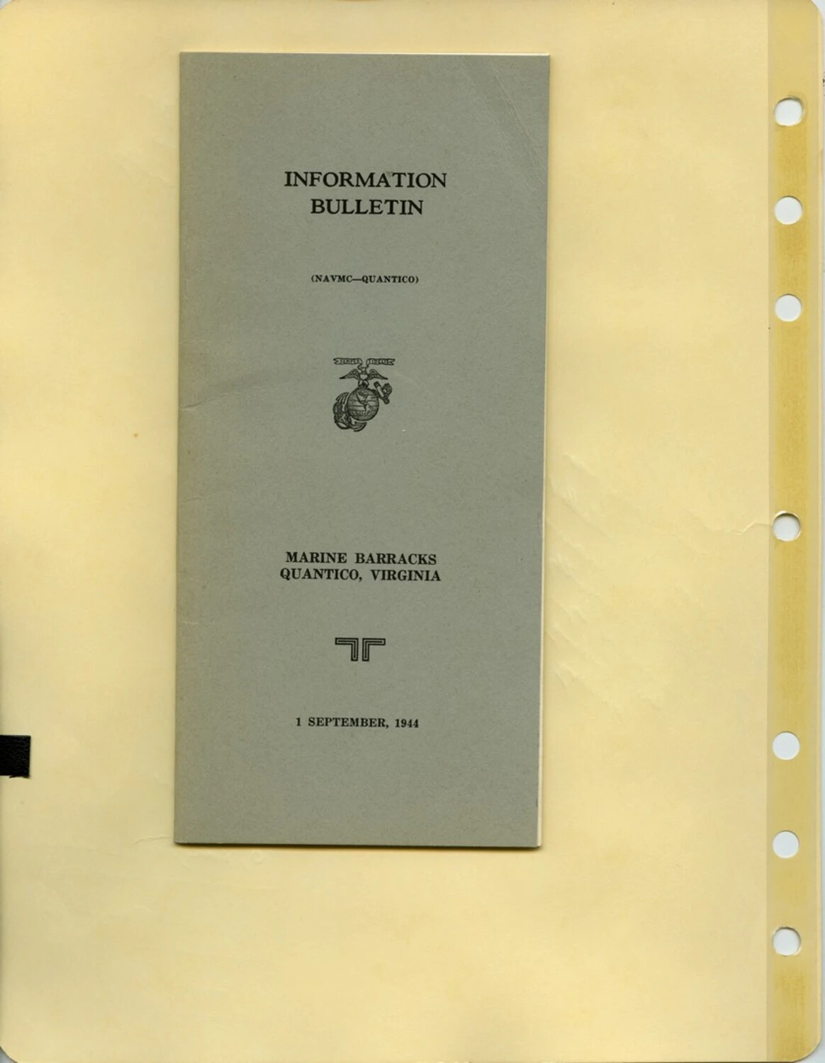 US Marine Corps Information Bulletin, Marine Barracks Quantico -- 1 September 1944 (Pat McAleer Collection)