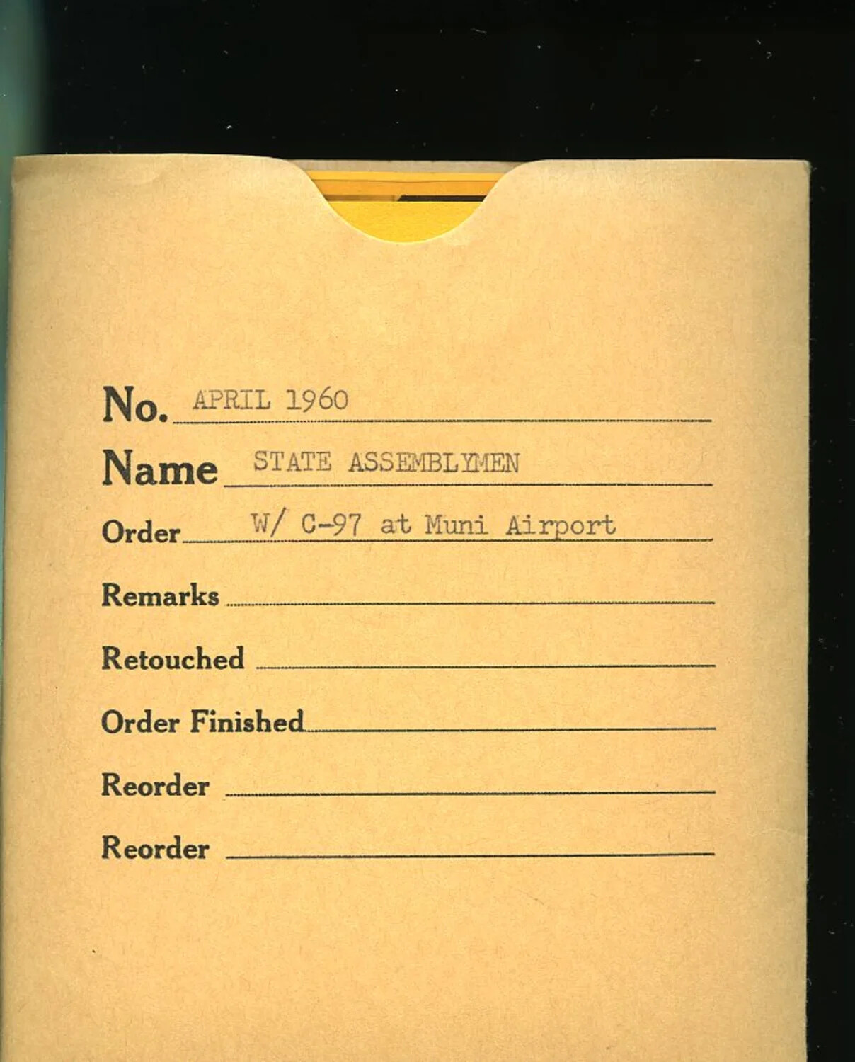 Photographer's Job Envelope — 'State Assemblymen w/ C-97 at Muni Airport,' April 1960