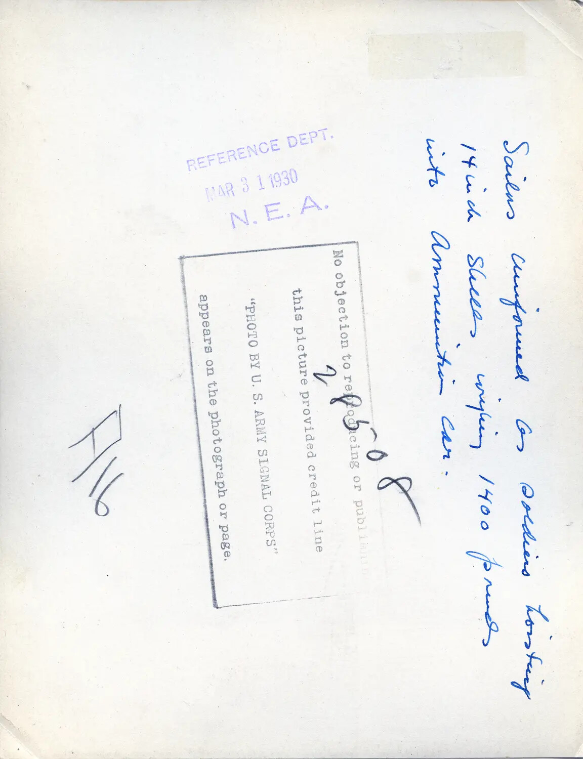 Verso of U.S. Army Signal Corps Photograph - Handling of 14-Inch Ordnance Shell, 1930