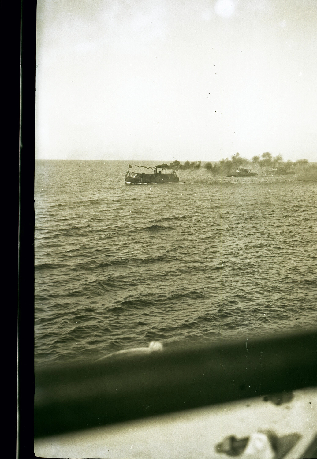 Small Steam Vessel and Coastal Smoke, Viewed from Ship's Deck - Pre-WWII China