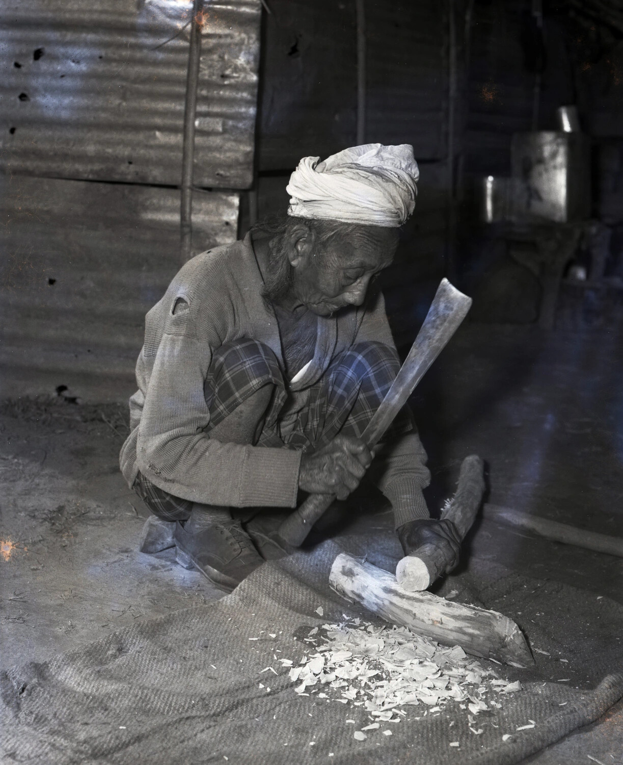 Elderly Burmese Man Carving Wood with Dah Knife, CBI Theater, WWII