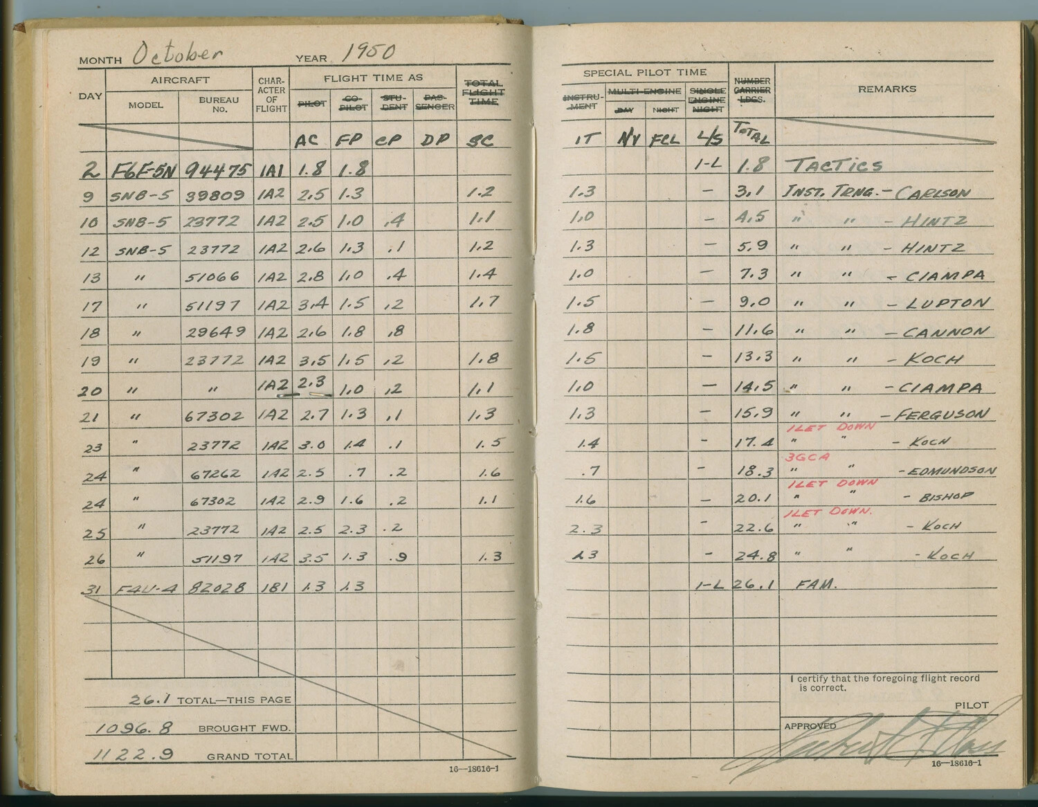 Naval Aviator's Flight Logbook, October 1950 - Pat McAleer Collection