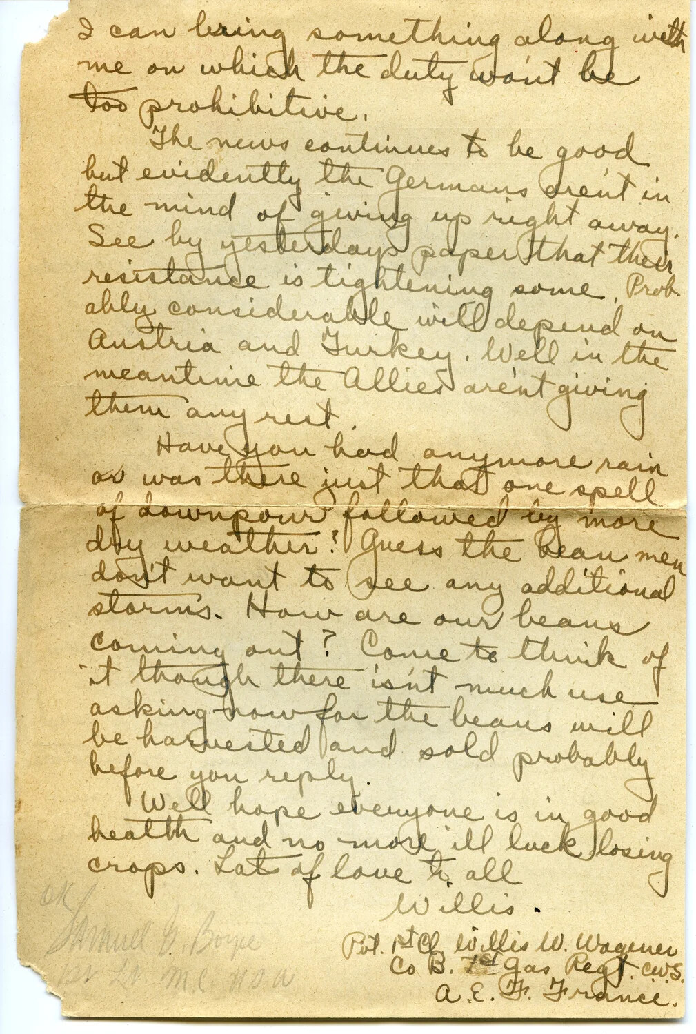 Handwritten Letter Page from Pvt. Willis W. Wagener, Co. B, 7th Gas Regiment, Chemical Warfare Service, A.E.F. France, WWI (Letter 22, Page E)