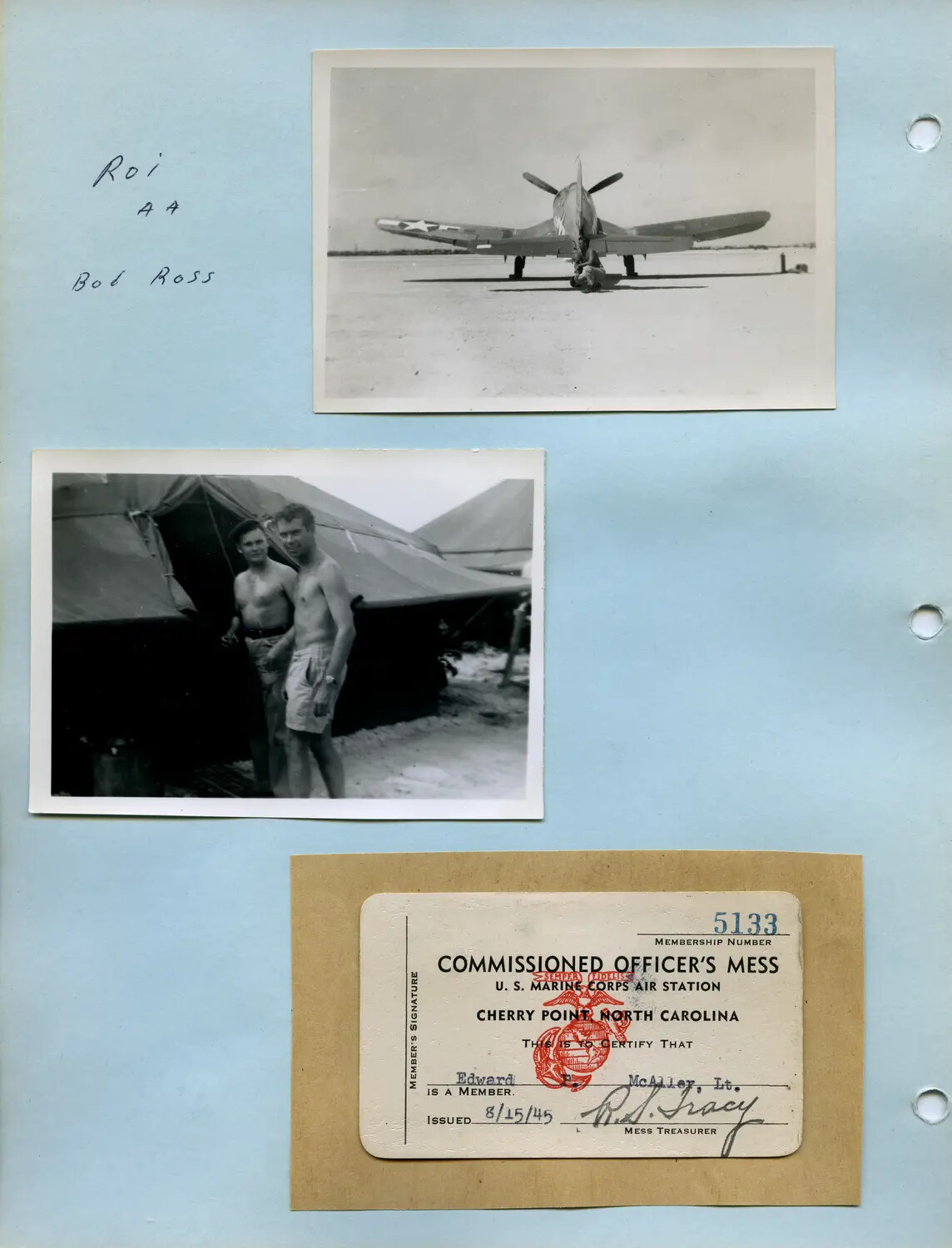 Scrapbook Page: F4U Corsair at Roi Airfield, Marines at Tent Camp, and Cherry Point Officer's Mess Card, McAleer Collection