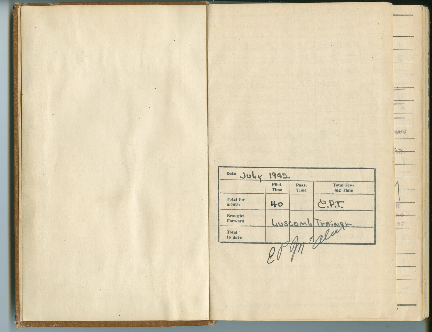McAleer Personal Flight Logbook, Monthly Summary Entry, July 1942 (Luscombe Trainer, C.P.T.)