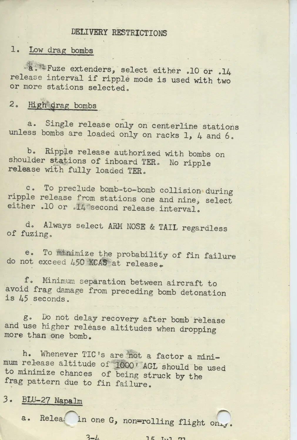 USAF Delivery Restrictions Reference Page (Low/High Drag Bombs and Napalm), dated 15 Jul 71