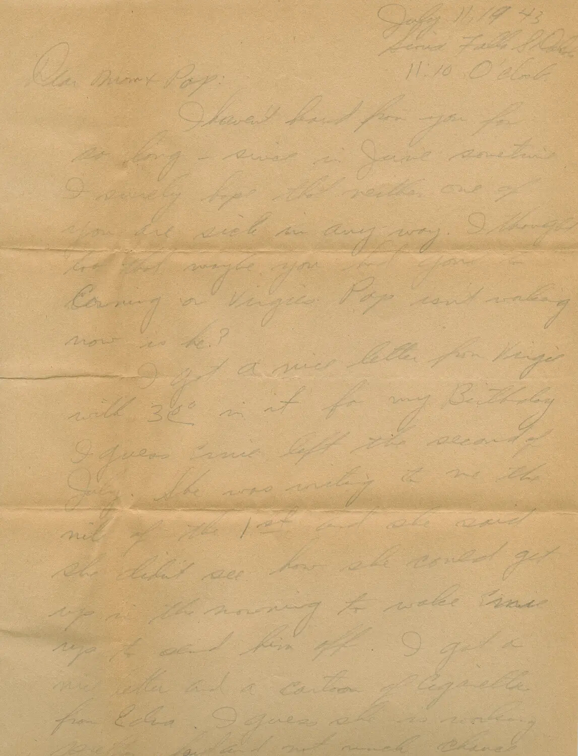 Handwritten Letter Home, 'Dear Mom & Pop,' Sioux Falls Army Air Base, South Dakota, July 11, 1943