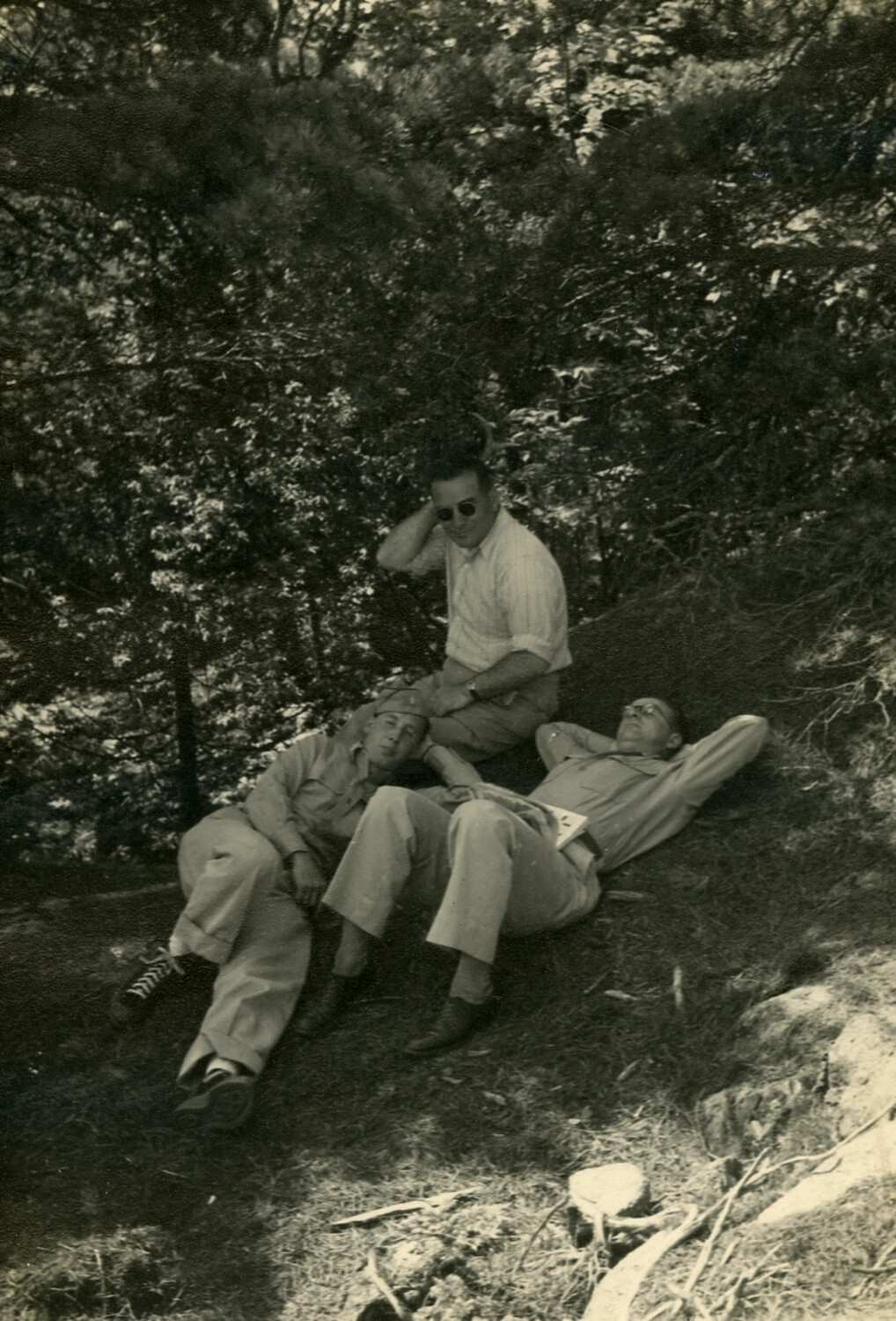 Three Servicemen Relaxing on Wooded Hillside, Occupied Japan, Late 1940s-1950s