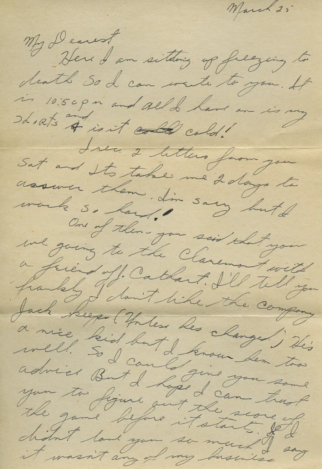 Handwritten Personal Letter, 'My Dearest,' Dated March 25 – Moon/Sammiet Correspondence
