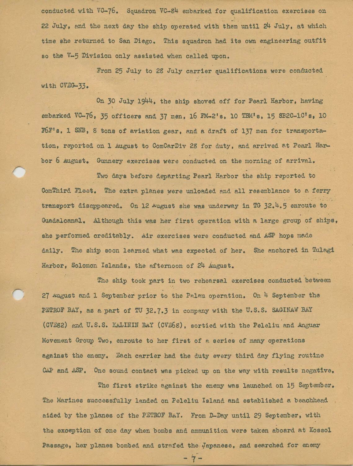 USS Petrof Bay (CVE-80) Ship's History, Page 7 — Pearl Harbor Transit and Palau/Peleliu Operations, 1944
