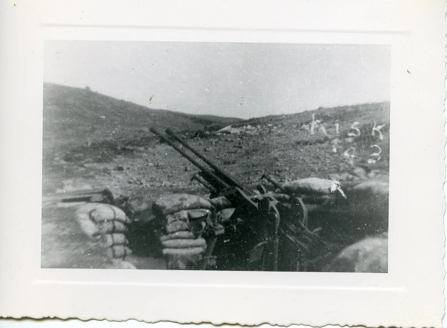 Twin Anti-Aircraft Gun Emplacement in Sandbagged Position, Kiska, Aleutian Islands, 1943