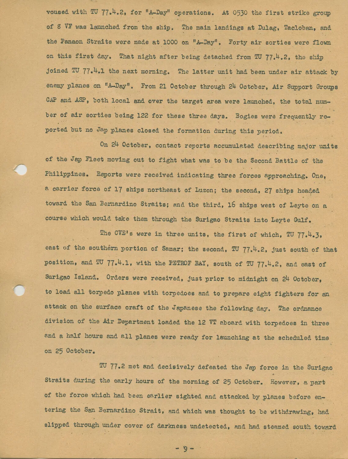 USS Petrof Bay (CVE-80) War Diary Narrative, Page 9 - Battle of Leyte Gulf Operations, October 1944