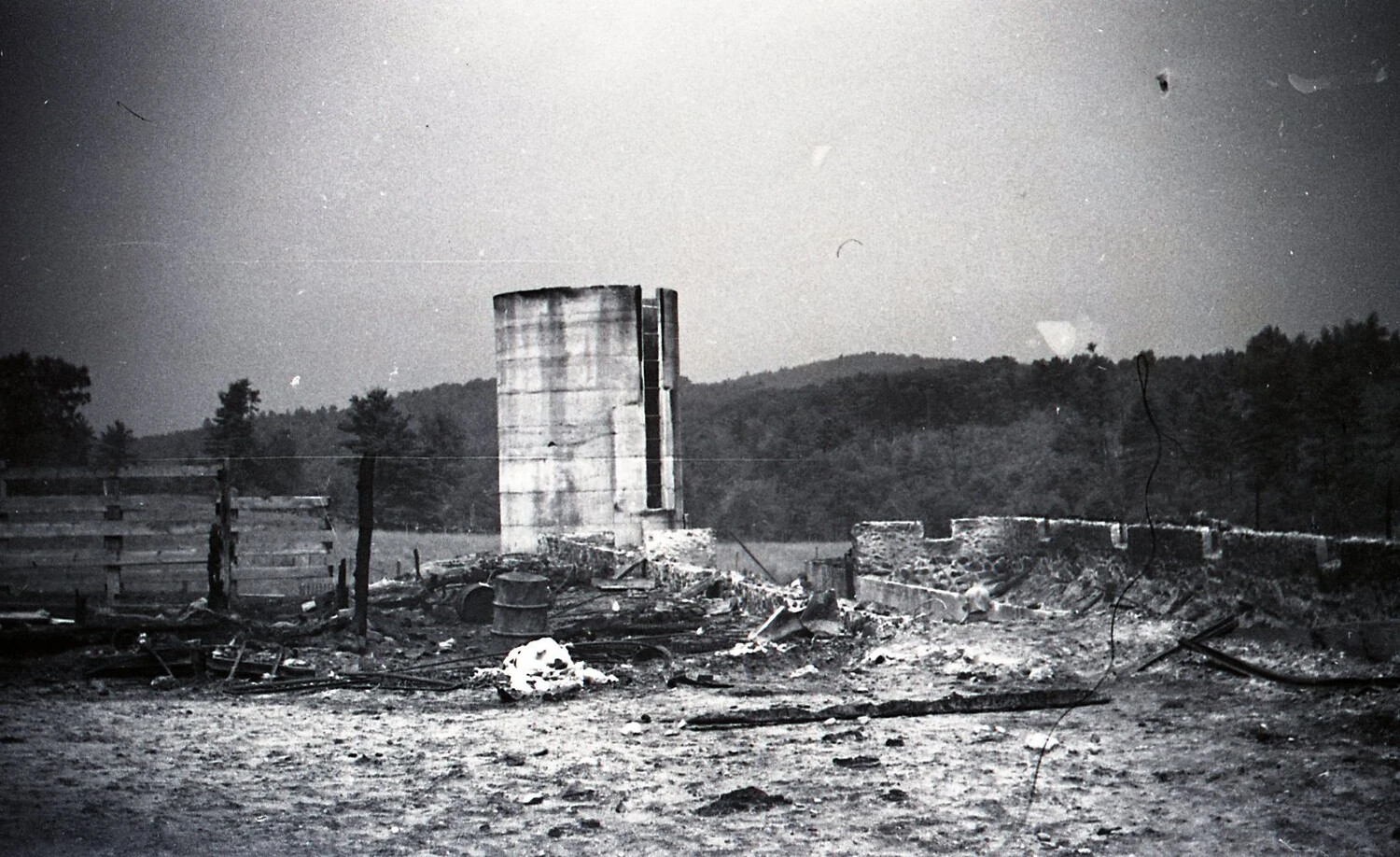 Burned Dairy Farm Complex with Surviving Silo, Wide View
