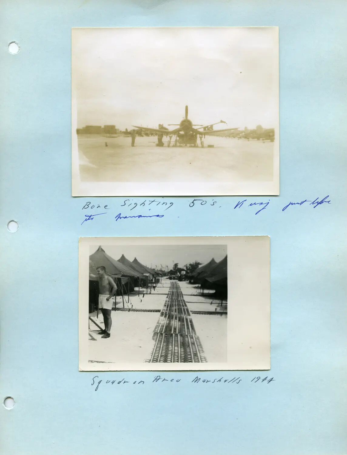 McAleer Photo Album Page: Bore-Sighting .50-Caliber Guns at Kwajalein and Squadron Tent Area, Marshall Islands, 1944