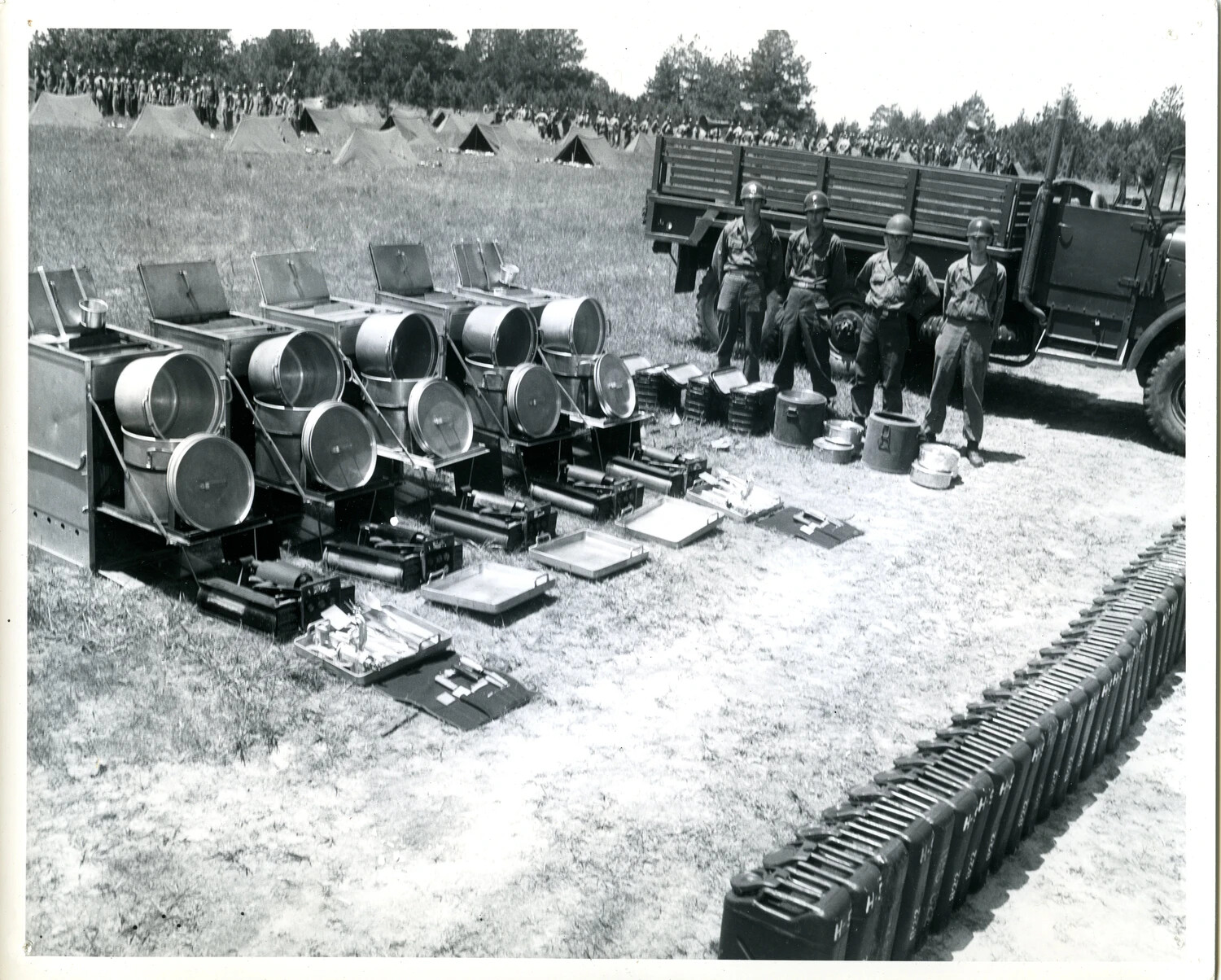 Field Kitchen Equipment and Supply Display, 11th Armored Division Training Camp, WWII