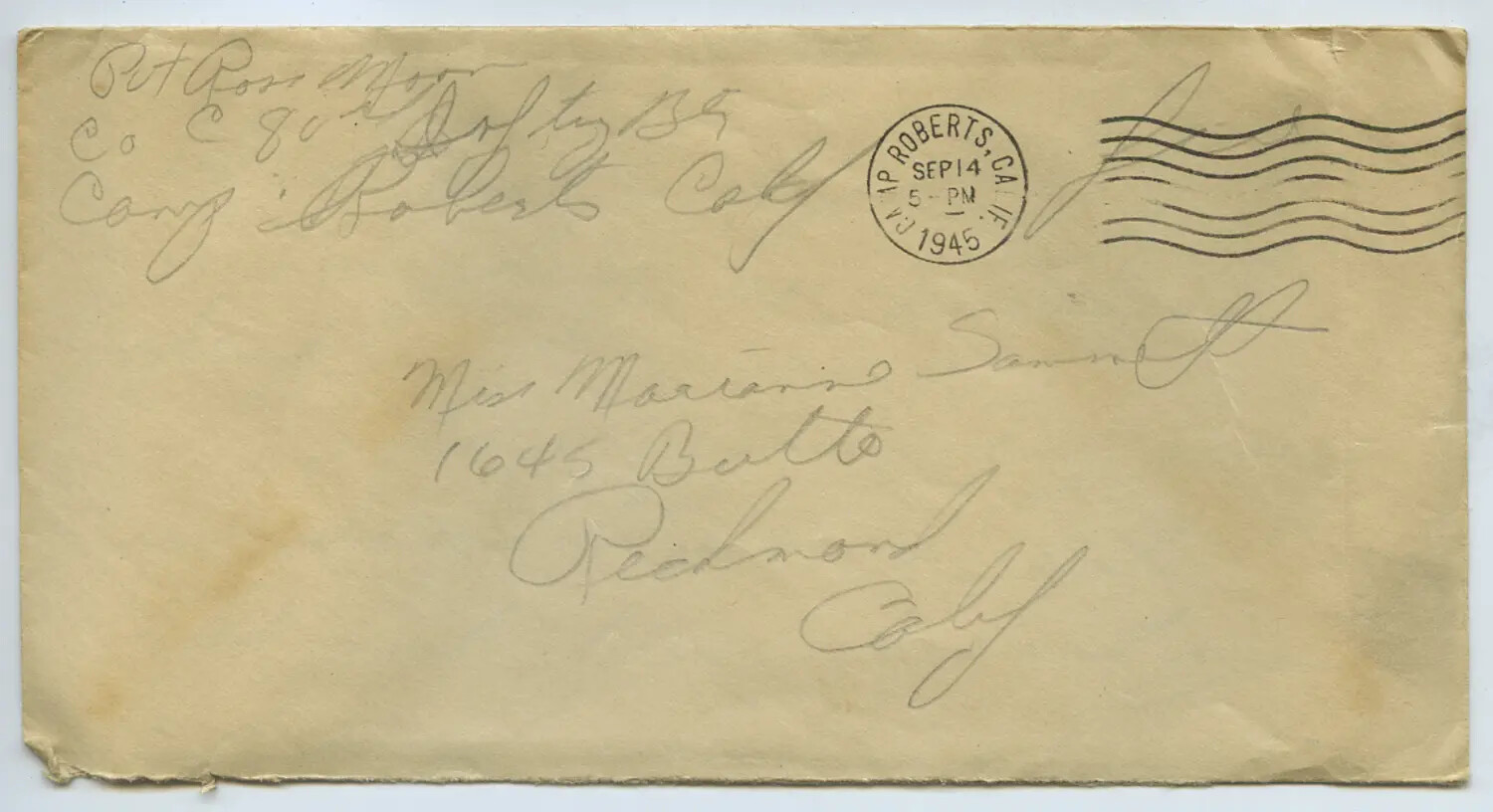 WWII Envelope, Pvt. Ross Moon, Camp Roberts, California to Miss Sammiet, Redmond, California - September 14, 1945