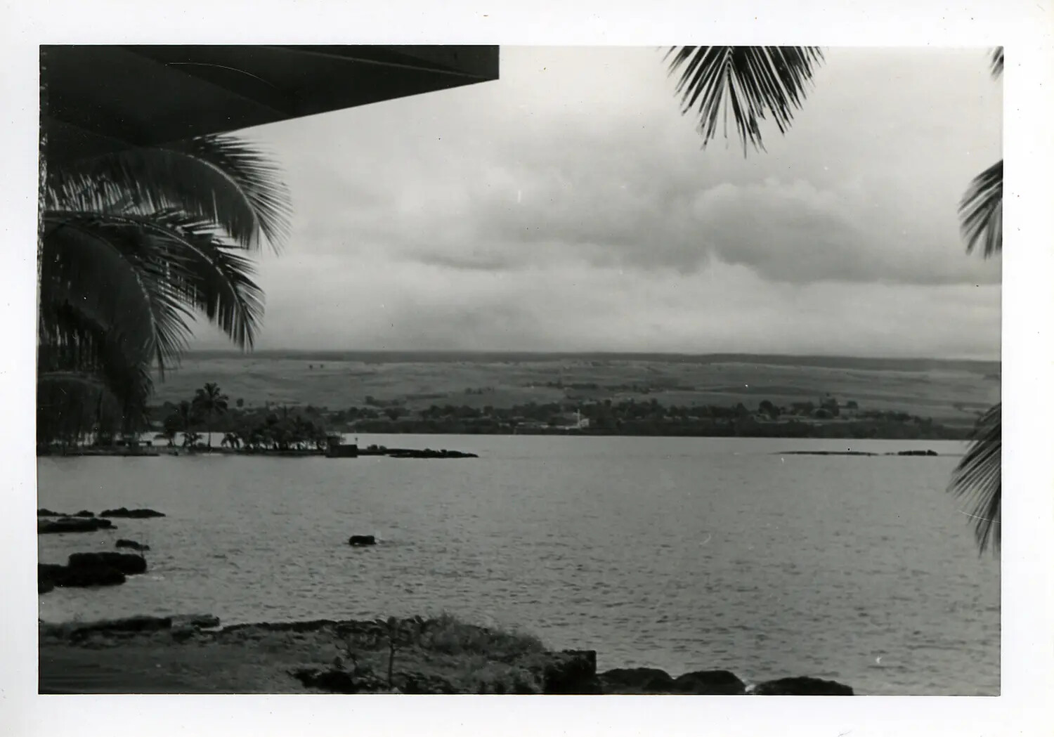 View of a Hawaiian Bay from a Lanai, with Palm Fronds and Lava Rock Shoreline