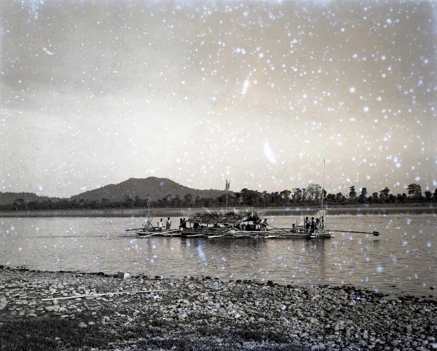 Bamboo River Raft with Thatched Shelter, Burma Region, China-Burma-India Theater, WWII Era (Deteriorated Negative)