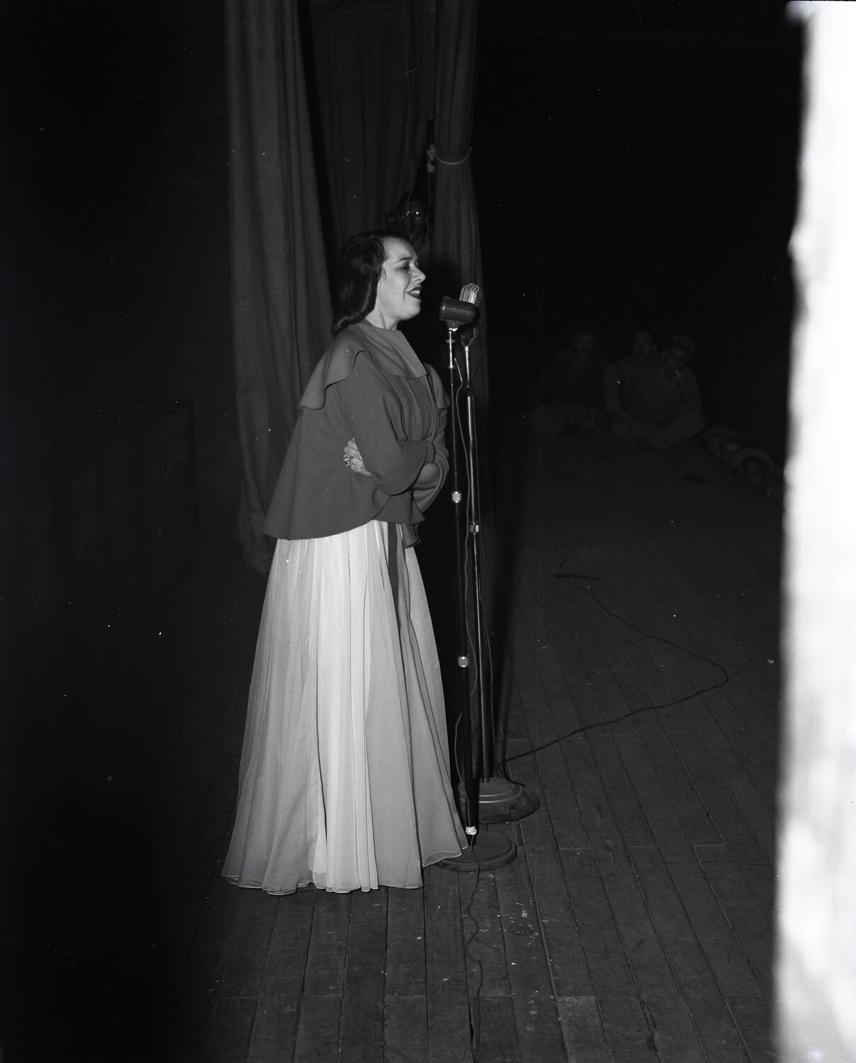 USO Entertainer Performing for Troops on Stage, Myitkyina, Burma, WWII China-Burma-India Theater