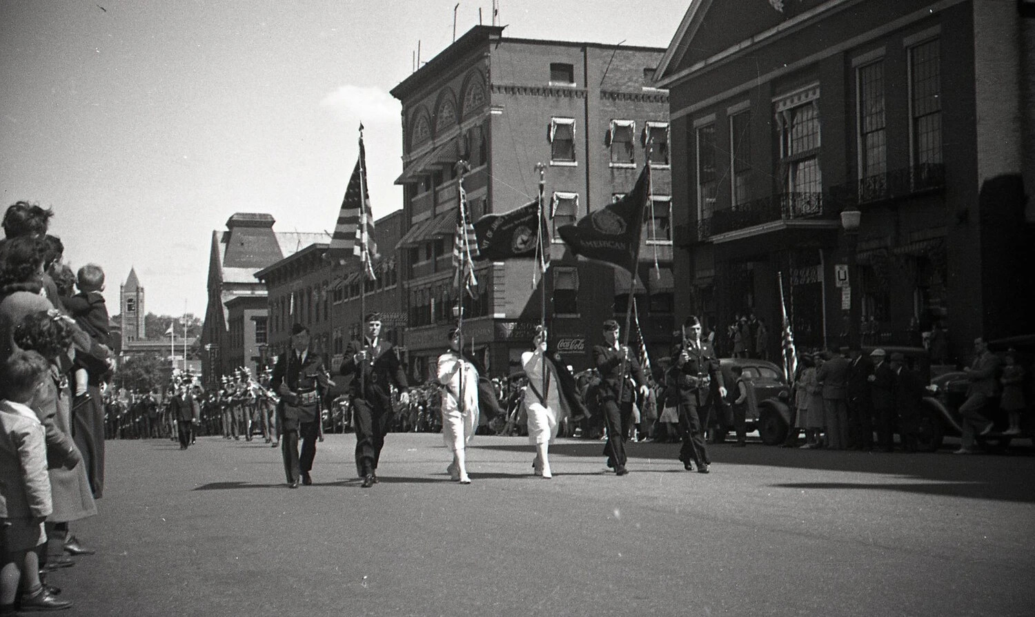 Civic Veterans Parade, Color Guard and Marching Column, Downtown Street, Boston Area, Massachusetts, c. 1940s