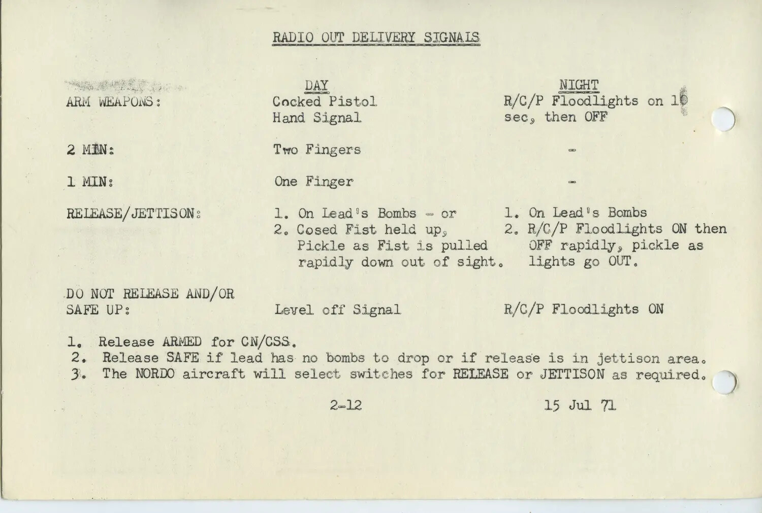 USAF Radio Out (NORDO) Delivery Signals Reference Page, dated 15 Jul 71