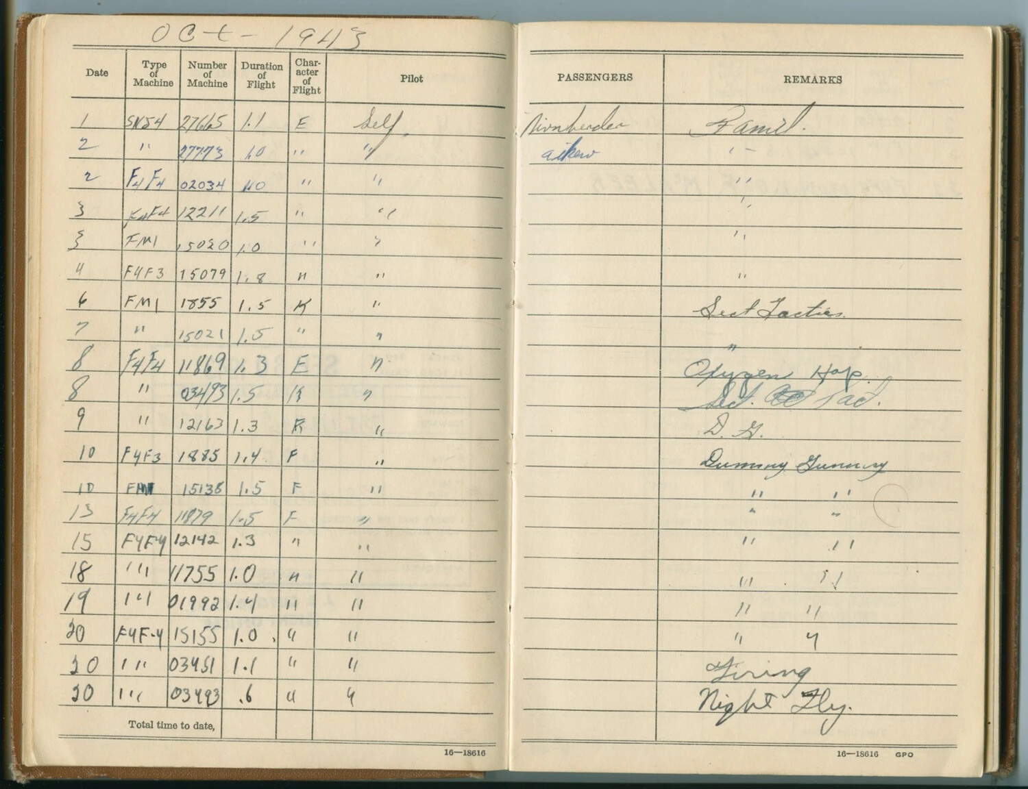 Pilot Flight Logbook Page, October 1943 – F4F/FM-1 Wildcat Training Flights (Pat McAleer Log Book)