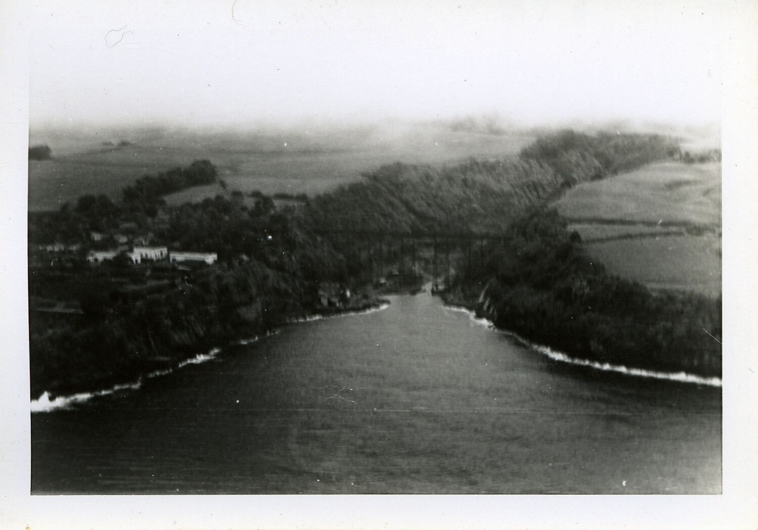 Aerial View of River Estuary with Trestle Bridge -- Probable Mislabel, Not Hawaii (European Landscape Suspected)