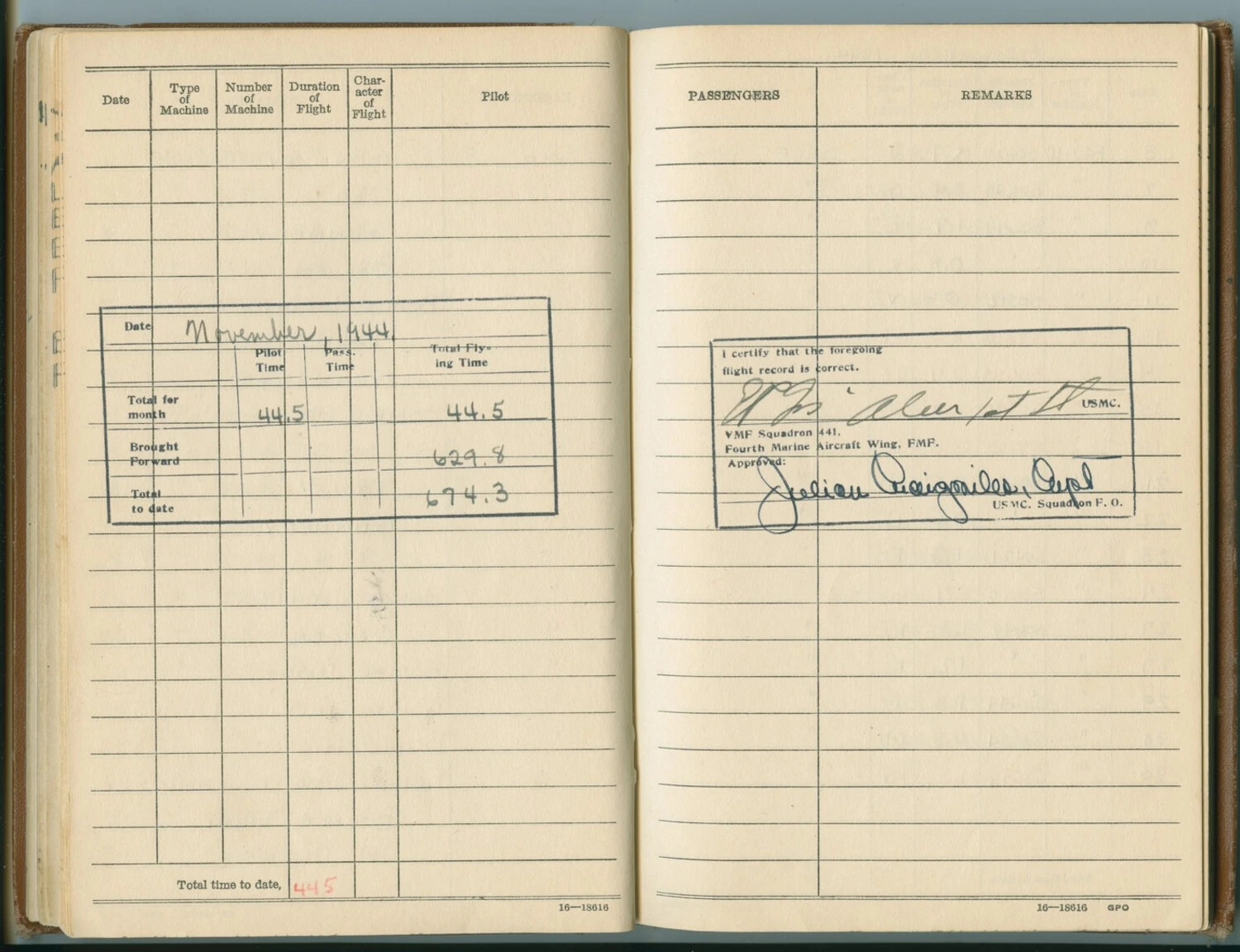 Flight Logbook Monthly Summary Page, Pat McAleer, VMF-441, November 1944
