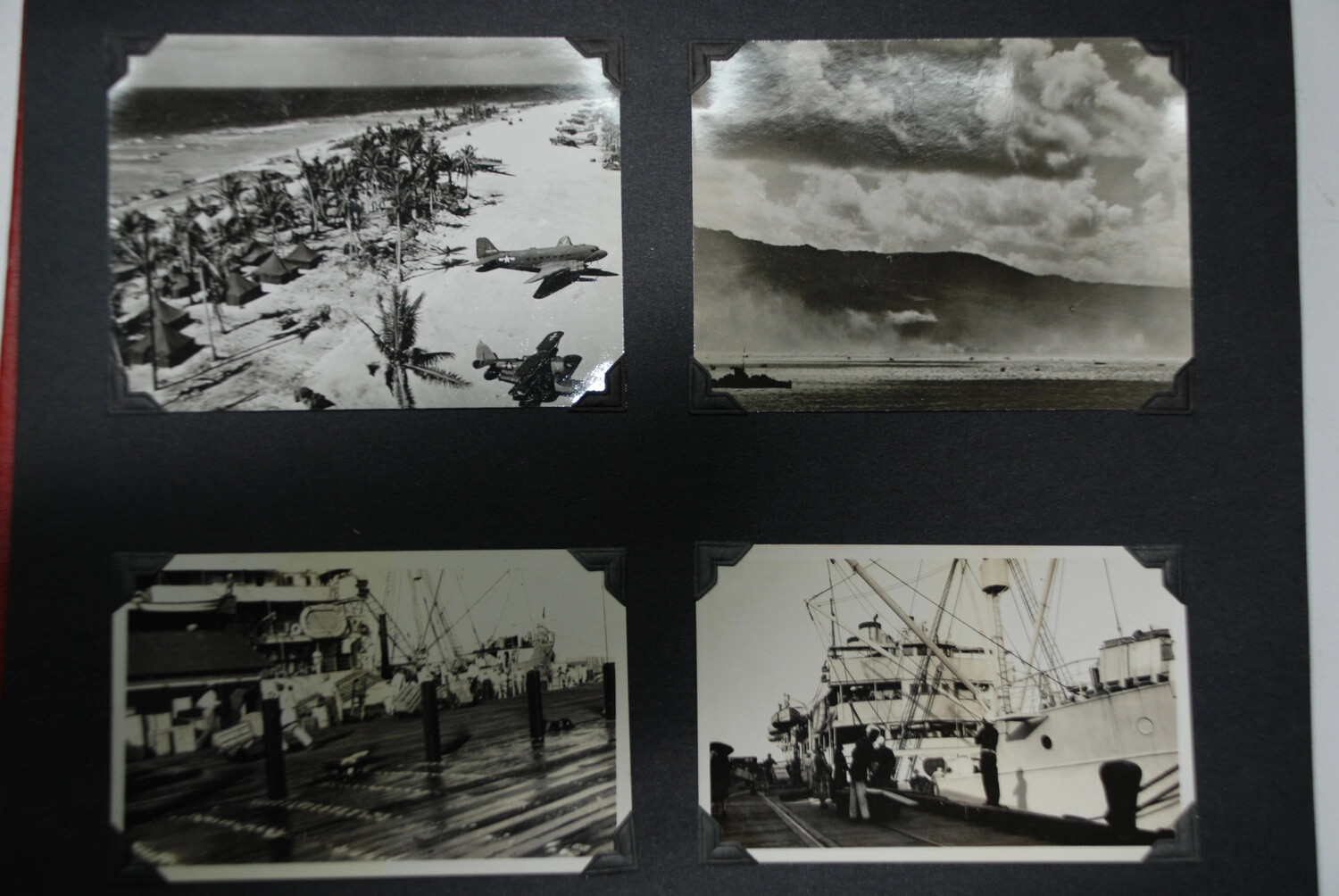 Album Page of Four Snapshots -- Aerial View of Beach Camp with Aircraft, Coastal Cloud Formation, and Harbor Scenes, Jack T. Kelley Album
